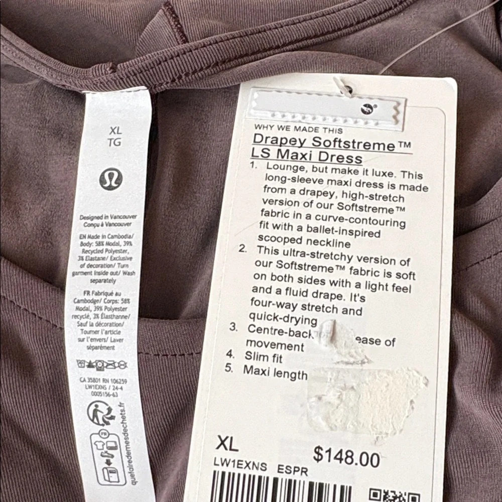 NWT Lululemon Drapey Softstreme Long-Sleeve Maxi Dress Women’s XL Espresso Brown